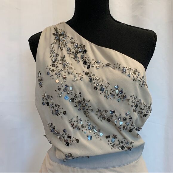 BEBE beige hand beaded one shoulder cutout ruched mini dress Sz M NWT 🔥 - Picture 2 of 11
